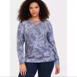 Torrid Size 2X Blue Tie Dye Hacci Ladder Pullover Sweater Cozy Brushed